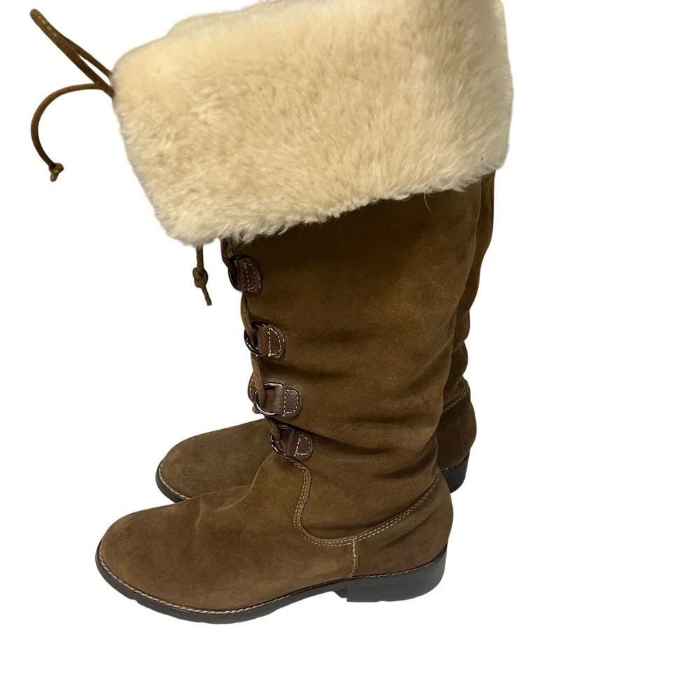 Sofft Barbourne Brown Suede Faux Fur Trim Tall Winter Boots Lace Up Womens 7.5